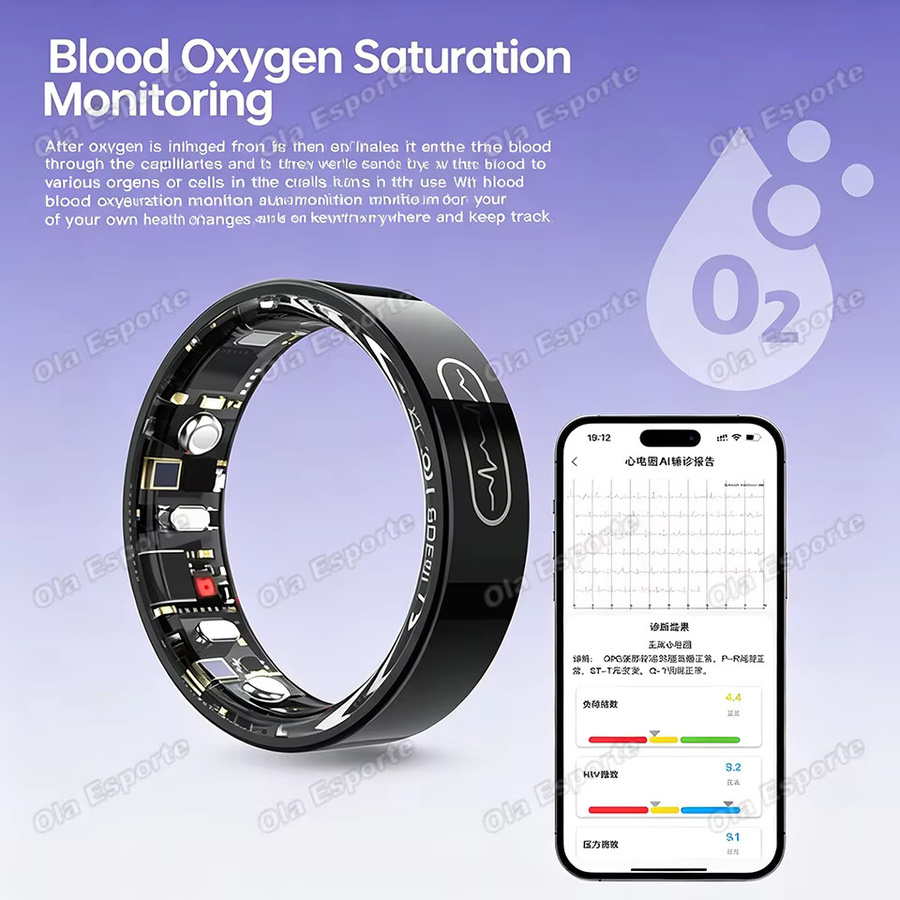 Ola Esporte Smart Ring mit EKG-Monitor, Herzfrequenz- und Blutsauerstoffmessung, Temperaturüberwachung und Multi-Sport-Modus, 3ATM Wasserdicht, Schwarz, Unisex - Bild 3