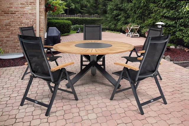 OUTFLEXX Garten-Essgruppe aus Aluminium, Teakholz und Textil in Anthrazit Matt mit 5 Klappstühlen und Teak-Armlehnen, Durchmesser: 150 cm - Bild 1