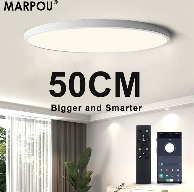 MARPOU LED-Deckenleuchte in Weiß mit App-Steuerung und Fernbedienung, ultradünnes Panel für Wohnzimmer und Schlafzimmer, Durchmesser: 50 cm - Bild 1