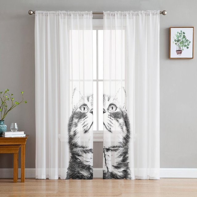 Moderne transparente Voile-Gardine mit Katzenillustration in Schwarz-Weiß, Farbe: Weiß/Schwarz, Breite: 135 cm, Höhe: 114 cm - Bild 1
