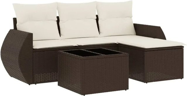 vidaXL 5-tlg Garten-Sofagarnitur aus braunem PE-Rattan mit cremeweißen Kissen und pulverbeschichtetem Stahlgestell - Bild 1
