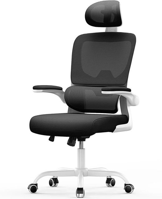 Rattantree Ergonomischer Drehstuhl mit Wippfunktion, Kopfstütze und Klapparmlehnen in Weiß mit Netzgewebe und Aluminiumgestell - Bild 1