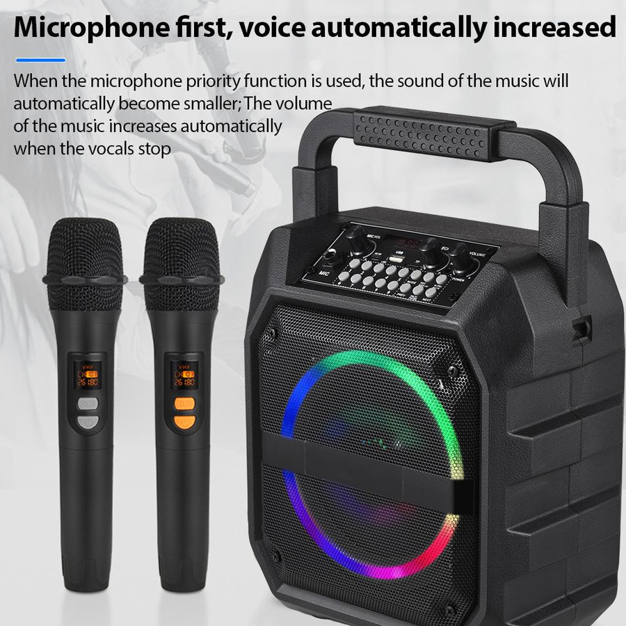 Andoer Mini Karaoke Maschine mit 2 drahtlosen Bluetooth Mikrofonen und LED-Lichteffekten in Schwarz - Bild 8