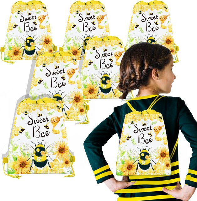Vlies Tasche mit Cartoon Honigbiene und Sonnenblume als Kordelzug-Beutel für Kinder und Babygeburtstage - Bild 1