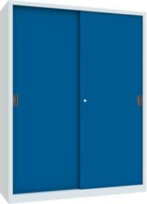 Pavoy Schiebetürenschrank aus verzinktem Stahl mit 8 Böden, Farben: Grau und Blau, B/T/H: 195,0 x 150,0 x 50,0 cm - Bild 1