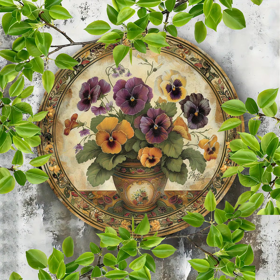 Potdemiel Stiefmütterchen Wandkunst im Vintage-Stil, rundes Metallschild mit floralem Blumenmuster, Mehrfarbig, Durchmesser: 20,3 cm - Bild 3