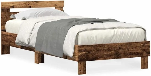 vidaXL Bettgestell aus Altholz in Braun mit USB-Ladeport und Unterbettbeleuchtung, B/T/H: 90 x 200 x 203 cm - Bild 1