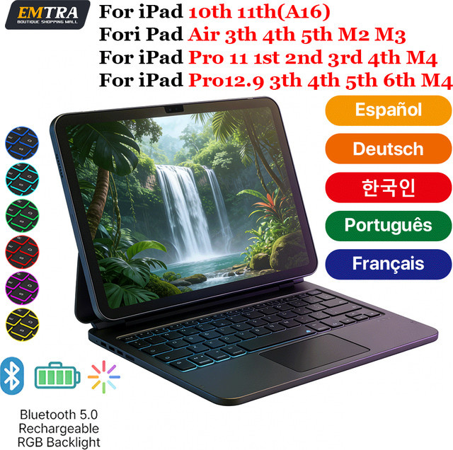 EMTRA Bluetooth Magic Keyboard mit Touch-Control und Beleuchtung für iPad Air und iPad Pro, Spanisches Layout (QWERTY ES), in Schwarz oder Weiß - Bild 1