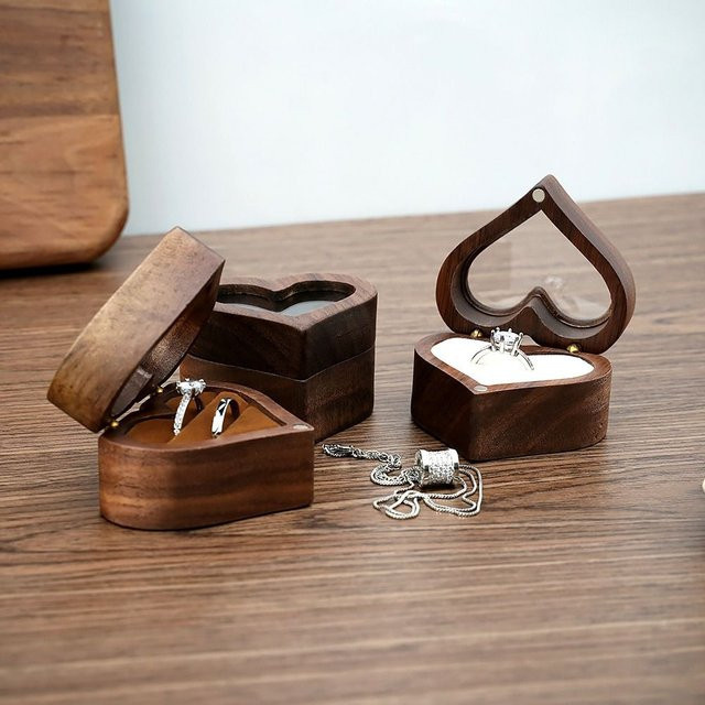 Holz Schmuckbox in Herzform für Ringe zur Aufbewahrung von Verlobungs- und Hochzeitsringen in Braun und Schwarz - Bild 1