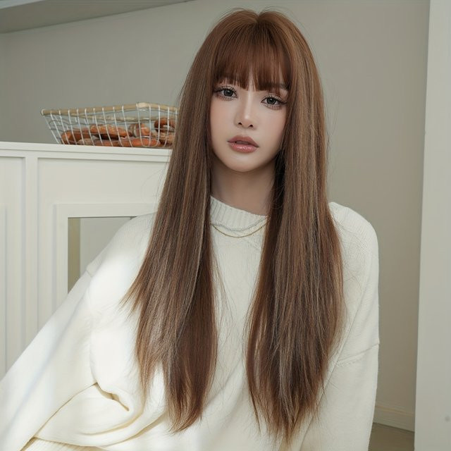 7JHH WIGS Perücke, lang, gerade, braun, Highlight-Blonde, synthetisch, Damen - Bild 1