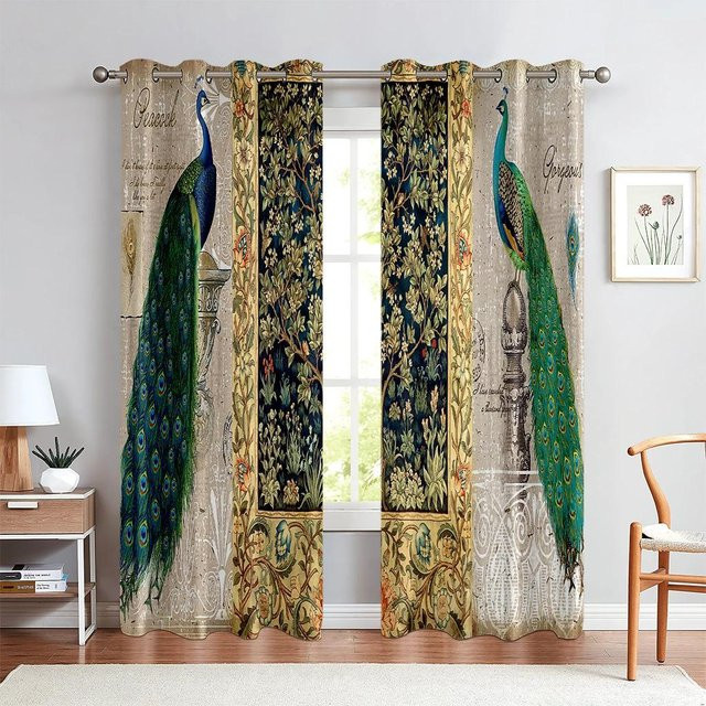 2 Stück Dekorative Vorhänge mit Pfau-Blumenmuster in Blau und Gold, halbtransparent, Breite: 70 cm, Höhe: 185 cm - Bild 1