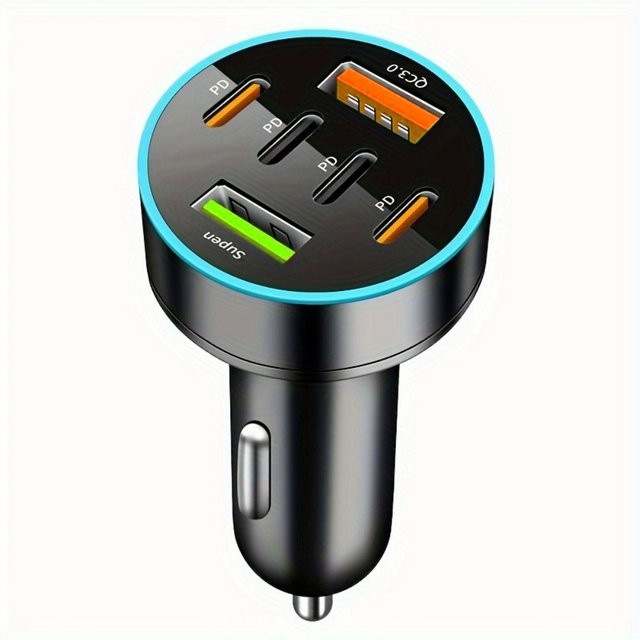 6 Ports USB C Autoladegerät mit PD und QC3.0 Schnellladung, Multi-Port Zigarettenanzünder-Adapter für iPhone, Samsung Galaxy und iPad Pro, Schwarz, 12-24V - Bild 1