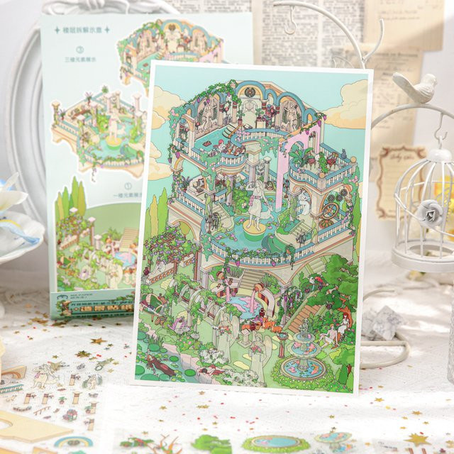 Mr.Paper 3D-Szenen-Aufkleber-Set Vol.3 Europäisches Garten-Thema mit Vintage Schloss-Dekor für dein Tagebuch und Scrapbook, 4 Stück pro Packung, Mehrfarbig - Bild 1