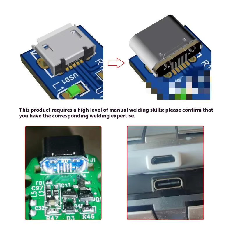 HUXUAN USB-C Ladeanschluss Set für PCB-Lötarbeiten, 2 Stück DIY-Reparaturadapter, 5-polige USB-C Buchse in Silber, SMD/SMT Typ - Bild 4