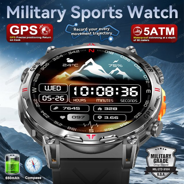 GUHUAVMI Smartwatch, GPS, Herren, Schwarz, 5 ATM, Silikon, 1,56" AMOLED - Bild 1