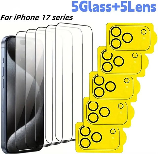 10-teiliges Set aus 5 gehärteten 9D Glasfolien und 5 Kameraobjektivschutzfolien für iPhone 16, 16 Plus, 16 Pro, 16 Pro Max, 16e sowie iPhone 17, 17 Air, 17 Pro in Transparent - Bild 1