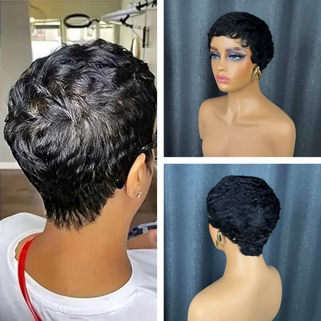 OYM HAIR Echthaar-Perücke, kurzer gewellter Pixie-Schnitt, Schwarz, Damen - Bild 1