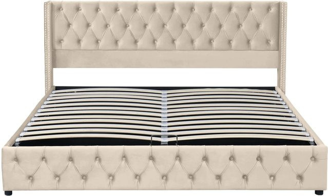 okwish Polsterbett mit Chesterfield-Design und Hydraulik-Lift-Funktion, Farbe Beige, B/T/H: 160 x 200 x 170 cm - Bild 1