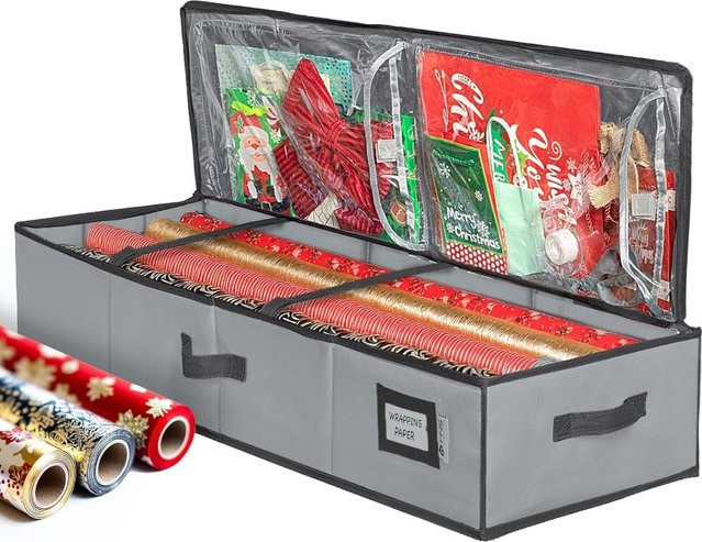 Reißfeste Geschenkpapier-Aufbewahrungsbox aus 600D Material in Grau mit zusätzlichen Taschen für Bänder und Schleifen zur Unterbett-Aufbewahrung - Bild 1