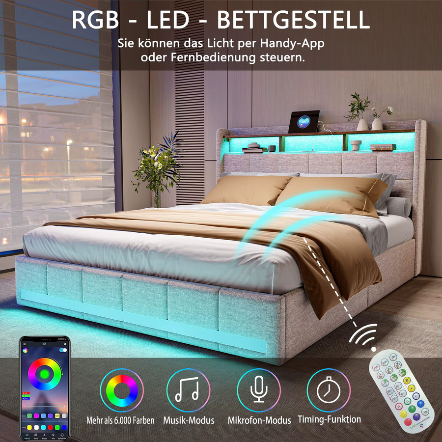 WoodenAura Doppelbett mit 4 Schubladen und LED-Beleuchtung sowie USB-Anschluss, gepolstertes Stauraumbett in Beige, B/T/H: 180 x 200 cm - Bild 4