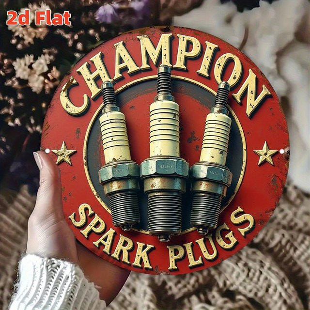 Vintage Champion Spark Plug Logo Metall-Wandkunst aus Aluminium in Rot und Gold mit Rennsport-Design - Bild 1