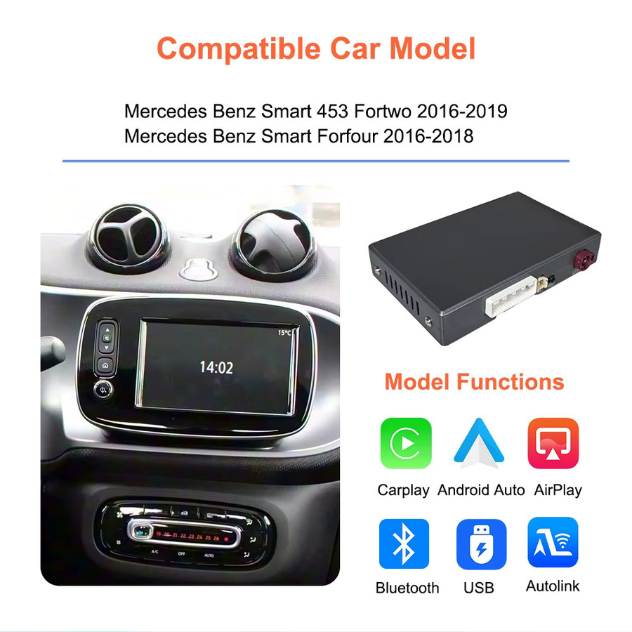 Bonroad Wireless CarPlay und Android Auto Nachrüstsatz mit Mirror Link für Mercedes Benz Smart 453 Fortwo und Forfour 2016-2019 in Schwarz - Bild 2
