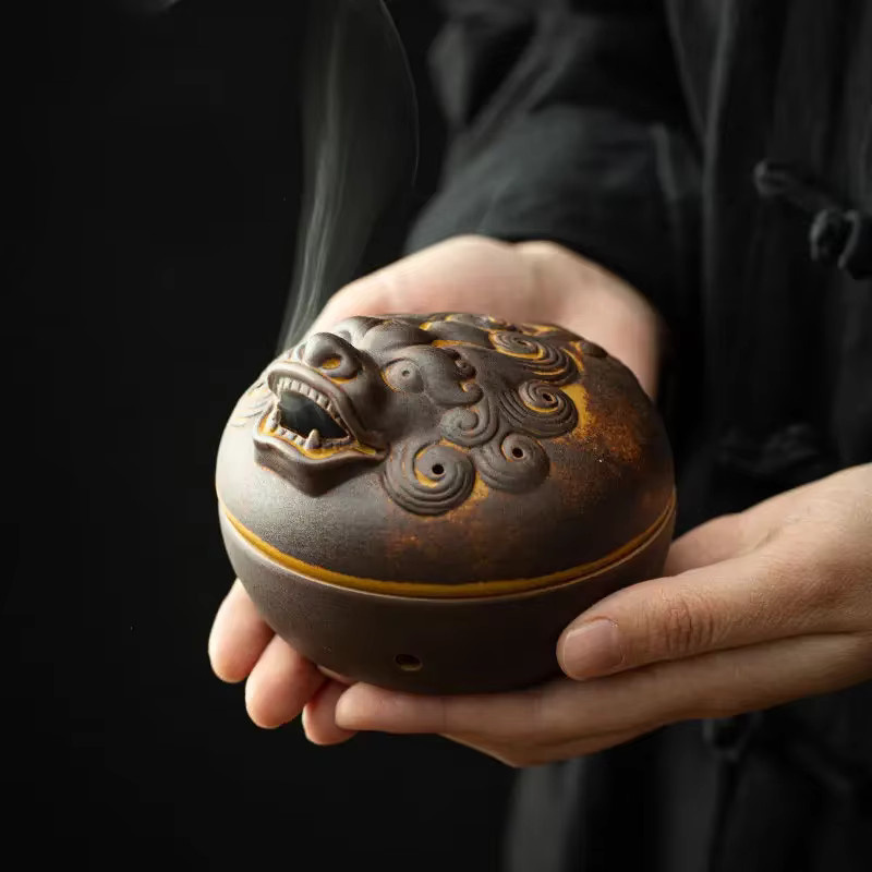 Retro-Drachen-Räuchergefäß in Wildtierform aus Keramik und Holz, braun, für Schreibtisch und Zen-Dekoration - Bild 3