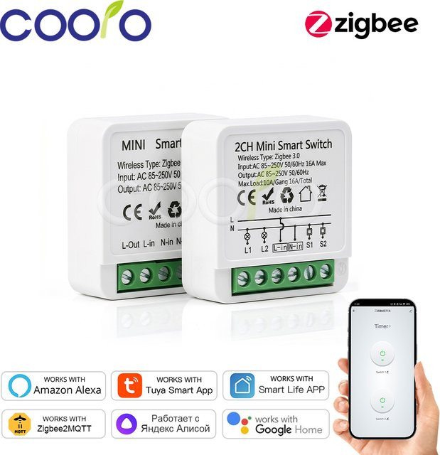 Coolo Zigbee Smart Switch Breaker Mini Relais-Automatisierungsmodul 16A, Weiß, kompatibel mit Tuya Smart Life, Amazon Alexa und Google Assistant - Bild 1