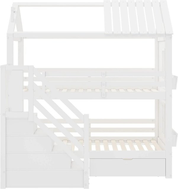 KOMHTOM Etagenbett für Kinder mit Stauraumtreppe, Schubladen und Regalen, Farbe Weiß, Material Kiefer und MDF, B/T/H: 200 x 90 x 235 cm - Bild 1