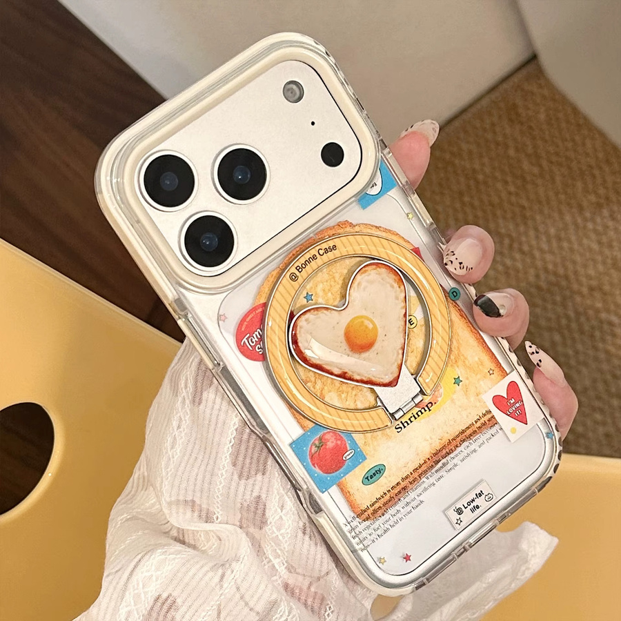 Magnetische Handyhülle für iPhone 12 bis 17 Pro Max mit Koreanischem Toast-Muster, Spiegelei und Liebesherz-Halterung, stoßfeste Abdeckung, Multicolour - Bild 4