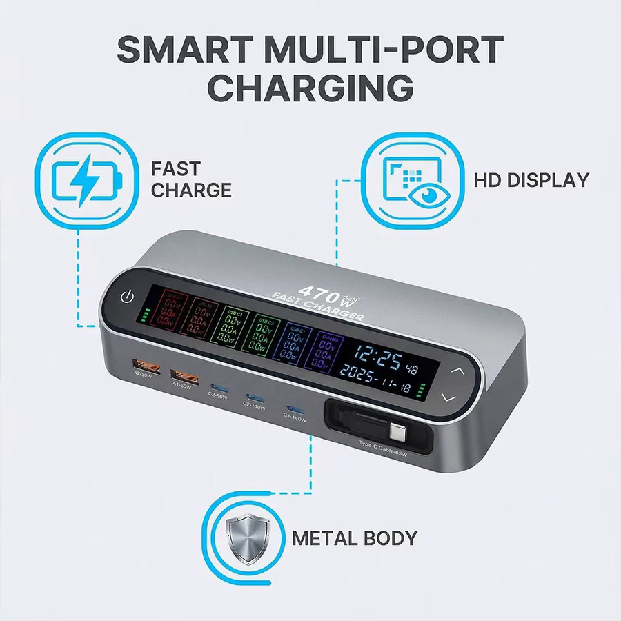 LZJV GAN Desktop-Ladestation mit LCD-Display und 140W Typ-C Multi-Port Schnellladegerät in Grau inklusive 65W skaliertem Ladekabel - Bild 5