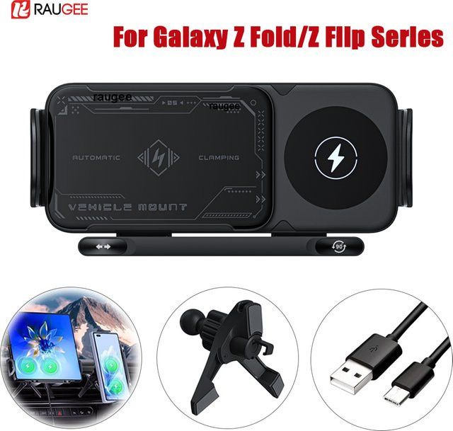 Drahtloses Autoladegerät von ragee mit Dual Coil für Samsung Galaxy Z Fold und Flip, Schnellladestation und Halterung in Schwarz - Bild 1