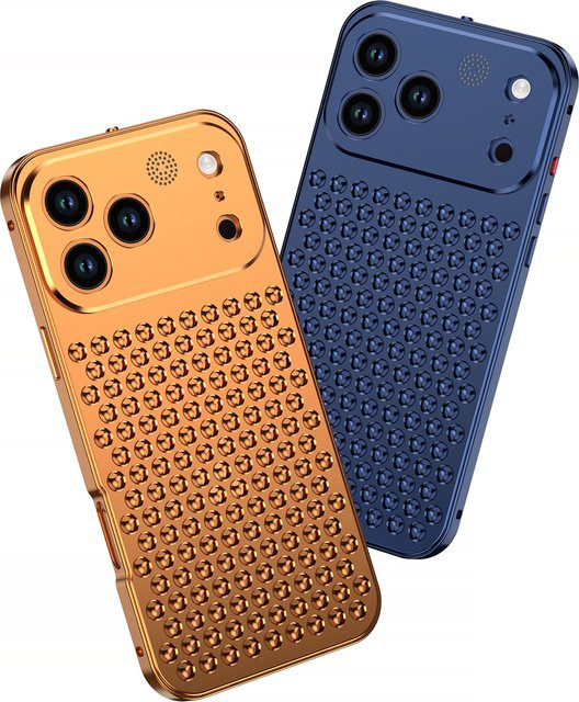 Metall-Aluminium-Kühlhülle für Apple iPhone 17, 16, 14, 13, 12 Pro Max mit Aromatherapie-Diffusor und abnehmbarer Rückseite in Orange und Gold - Bild 1