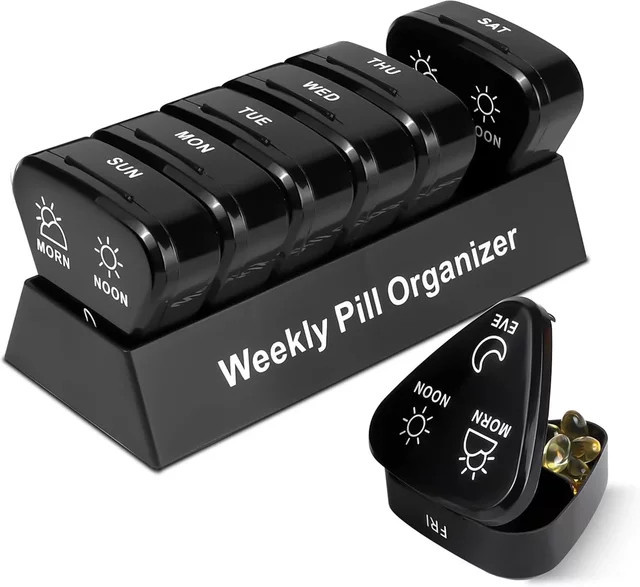 Wöchentlicher Pillen-Organizer für 7 Tage mit 3 Einteilungen pro Tag, kompakte Pillendose in Schwarz und Multicolour, B/T/H: 15,8 x 6,5 x 4,2 cm - Bild 1