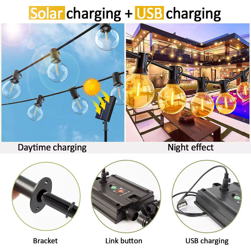 Mexllex Solar-Lichterkette für den Außenbereich mit 15,5 m Länge, kugelförmige G40 LED-Lichterkette in Warmweiß und transparentem Kunststoff für Terrasse, Balkon und Hochzeit - Bild 4