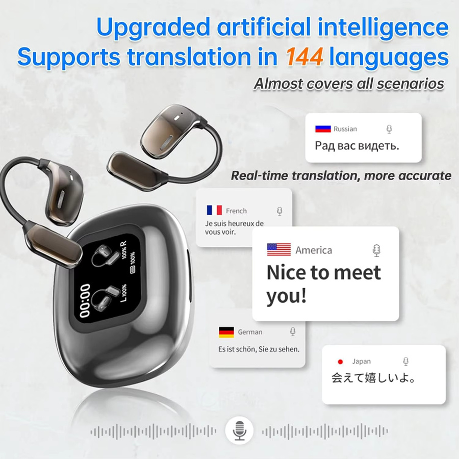 UYUXIO OWS AI-Sprach-Kopfhörer mit LCD-Touchscreen und Echtzeit-Übersetzung in 144 Sprachen, In-Ear, Schwarz - Bild 2
