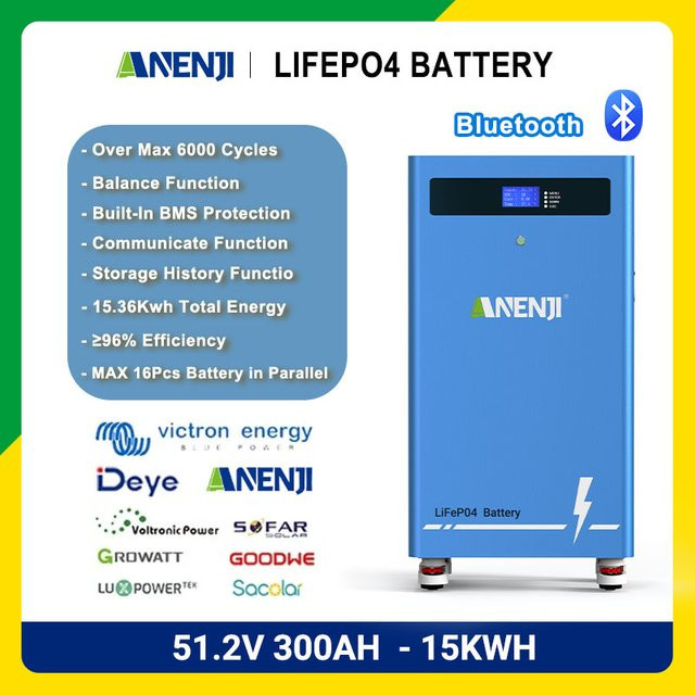 ANENJI Solar-Heimenergiespeicher Lithium-Eisenphosphat 16kWh 51,2V 300Ah in Blau - Bild 1