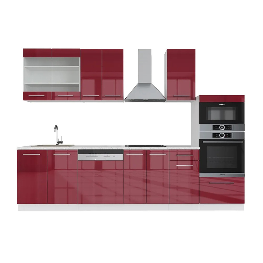 Vicco Fame-Line Küchenzeile Bordeaux Hochglanz und Weiß mit Hochschrank und Marmor-Optik, Breite: 300 cm - Bild 2