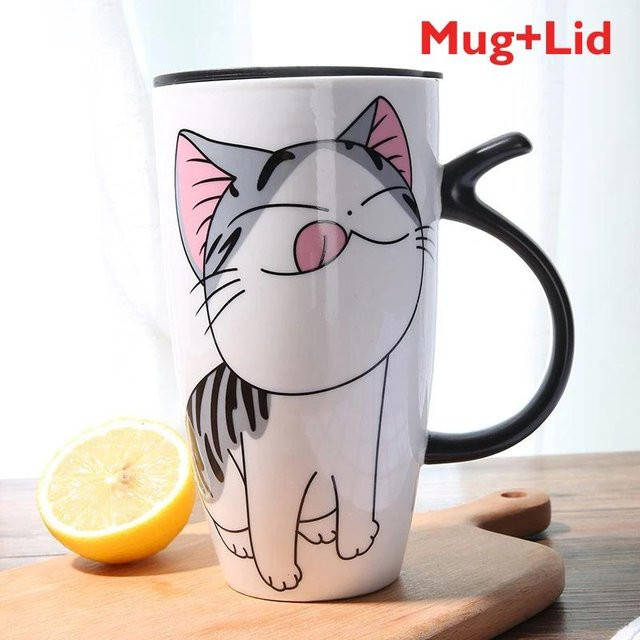 Szkoy Kaffeetasse aus Keramik mit Katzenmotiv und Deckel, Weiß, 600 ml - Bild 1