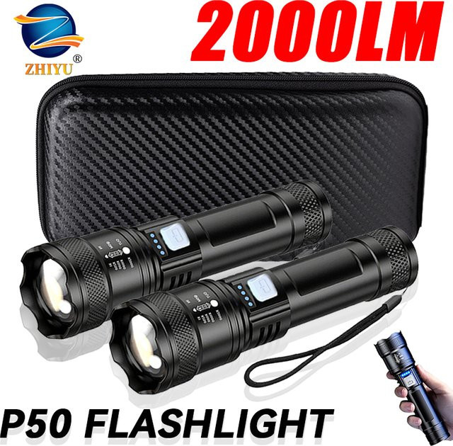 ZHIYU Taktische LED-Taschenlampe in Schwarz, 2000 lm, USB wiederaufladbar, wasserdicht mit Zoom-Funktion - Bild 1