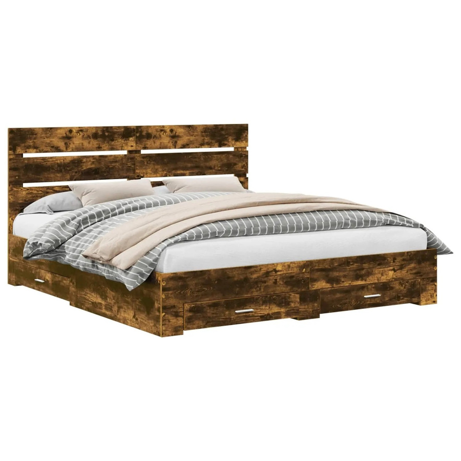 vidaXL Bettrahmen aus Holzwerkstoff in Geräucherte Eiche, Farbe Braun, B/T/H: 200 x 200 x 42,71 cm - Bild 2
