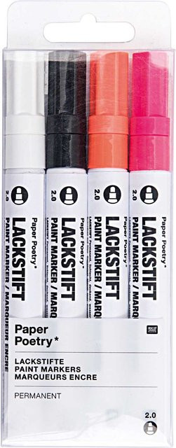 Rico Design Paper Poetry Lackmarkerset permanent in Multicolor mit 2,0 mm Stärke, Farben: Weiß, Schwarz, Neon Orange und Neon Pink - Bild 1