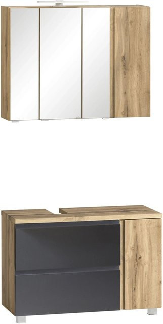 Held Möbel Ancona 2-tlg Badezimmer-Set mit Unterbecken-Schrank und Spiegelschrank, matt Grau-Wotaneiche, Breite: 85 cm - Bild 1