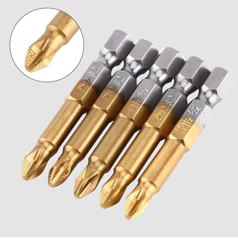 Krachtige Titan beschichtete Kreuzschraubendreher Bits PH2 und Sechskant Kombination in Gold und Silber - Bild 4