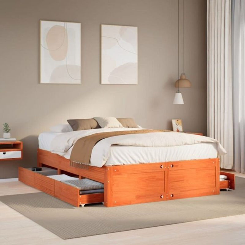Massivholzbett aus Kiefer mit Schubladen von Vidaxl in Braun, B/T/H: 140 x 190 x 41 cm - Bild 1