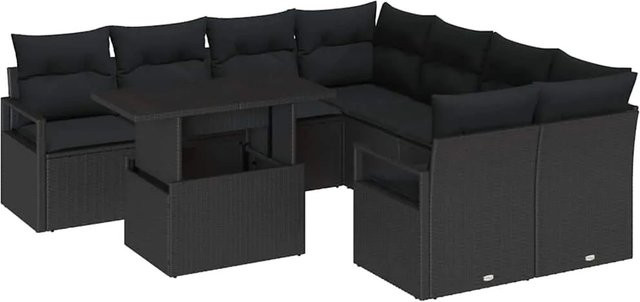 vidaXL 9-teiliges Garten-Sofa-Set aus Polyrattan mit Kissen in Schwarz - Bild 1