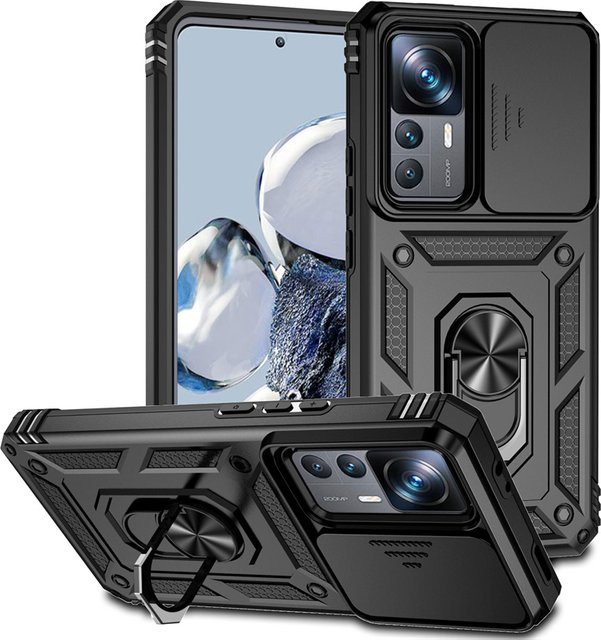 Stoßfeste Rüstung Schutzhülle für Xiaomi 12T Pro 5G mit Slide-Objektivschutz und Ringhalter in Schwarz und Rot - Bild 1
