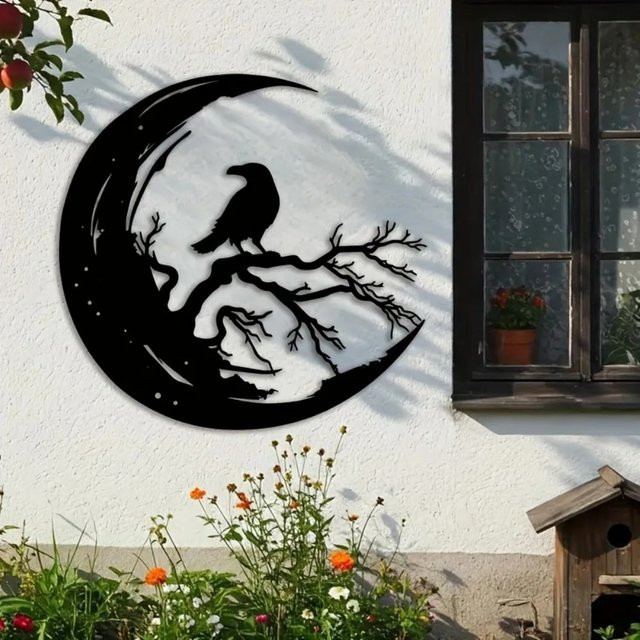 CIFBUY Raven Moon Metall-Wandkunst, gotische Aluminiumskulptur in Schwarz, Durchmesser: 40 cm - Bild 1