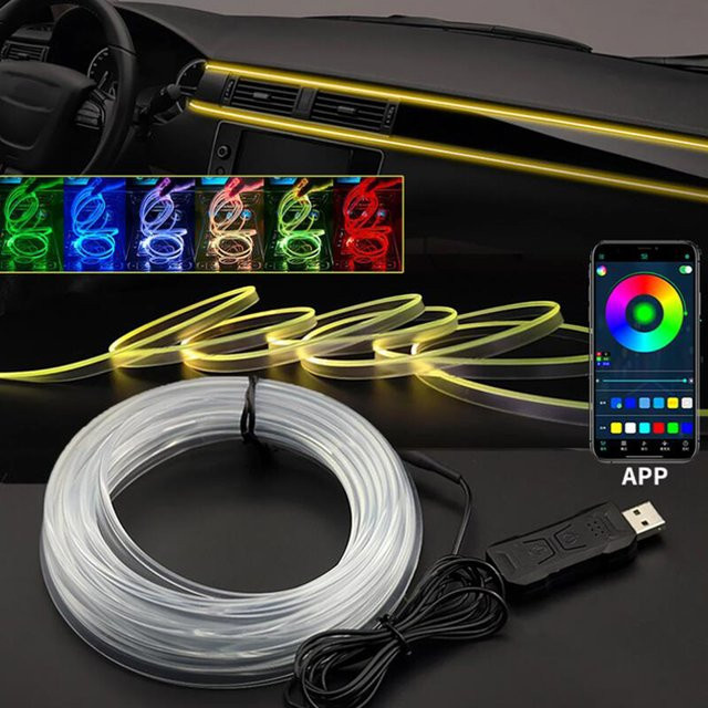 RGB LED Ambientebeleuchtung für dein Auto mit App-Steuerung und USB-Anschluss, unsichtbarer Fiber Optic Lichtstreifen in Multicolor - Bild 1