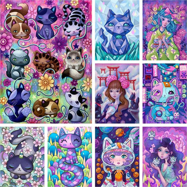 Potdemiel DIY 5D Diamantmalerei Set Fantasy Cartoon Mädchen mit Katze und Blumen, Multicolour, B/H: 30,0 x 20,0 cm - Bild 1